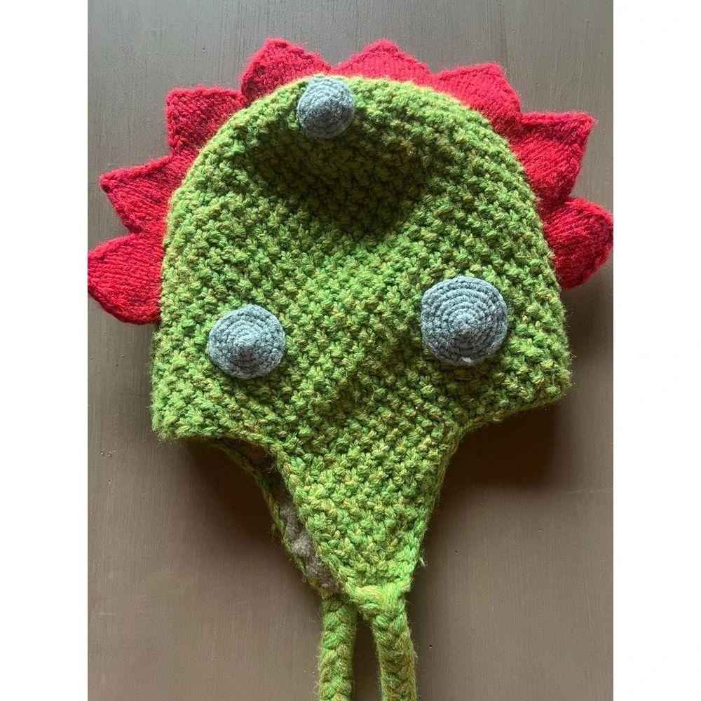 Andes Gifts Dinosaur Knit Hat‎ Alpaca Blend Kids Earflap Beanie Mohawk Braids